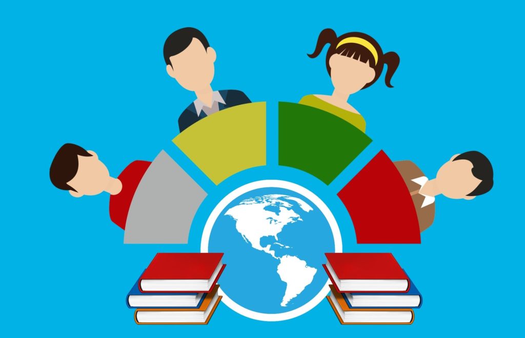 Students a their own PC's circled around a world and book stacks