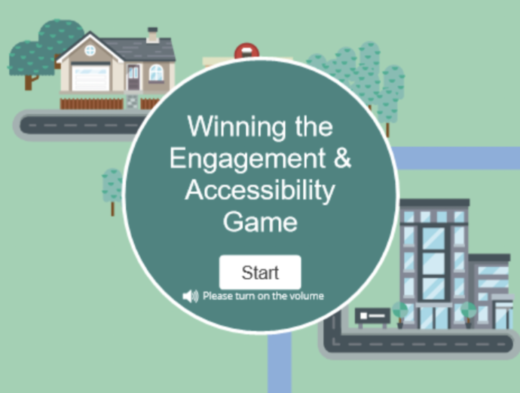 Visual of the first screen of game, a home in the upper left with streets leading to a downtown building.