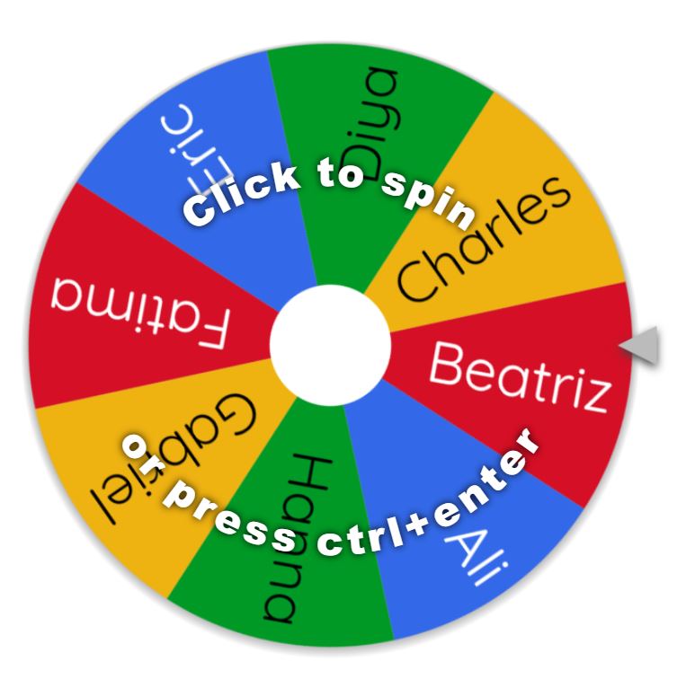 Colored prize wheel with names on it, white instructions say "Click to spin or press control+enter.