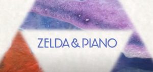 Purple and red triangle pice on a white background with Zelda & Piano written in the center.