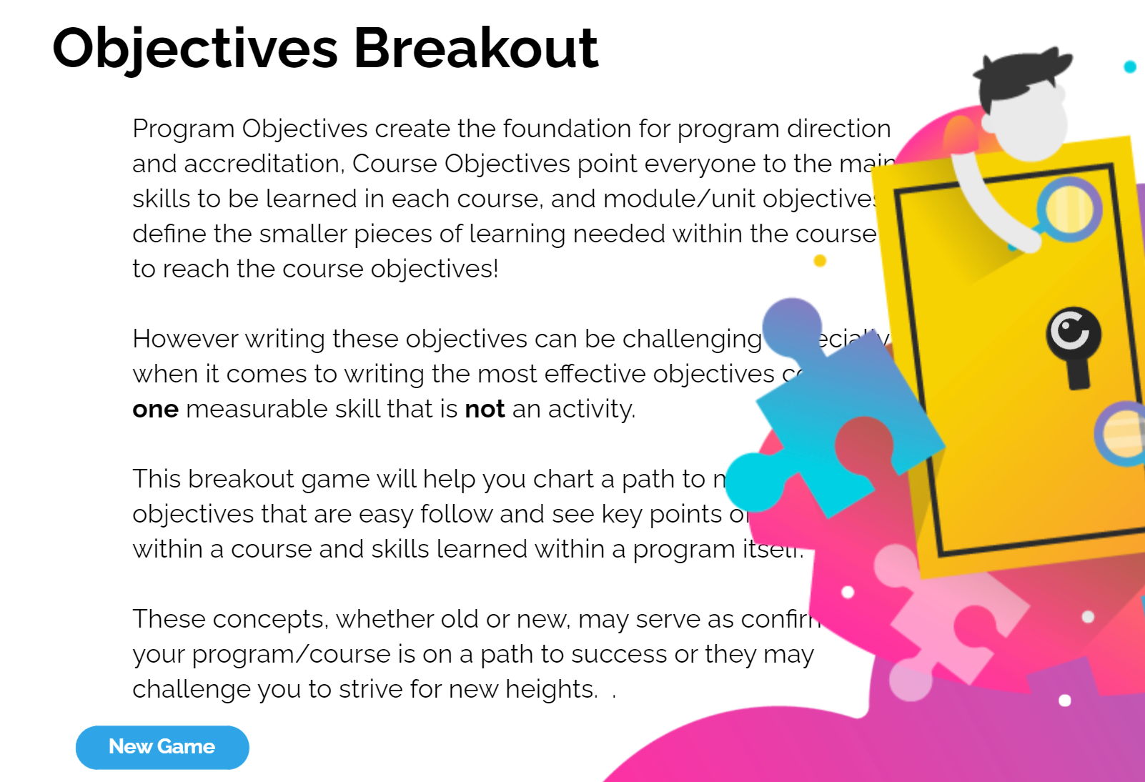 Opening page and text for the Module Objective Breakout Room game.