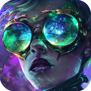 Person looking through colorful goggles in a futuristic setting.