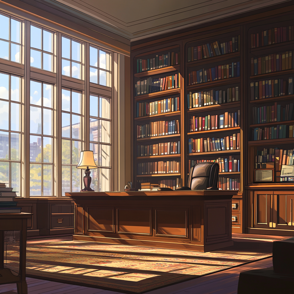 An office with tall windows on the left side of the room and a table just under the windows.