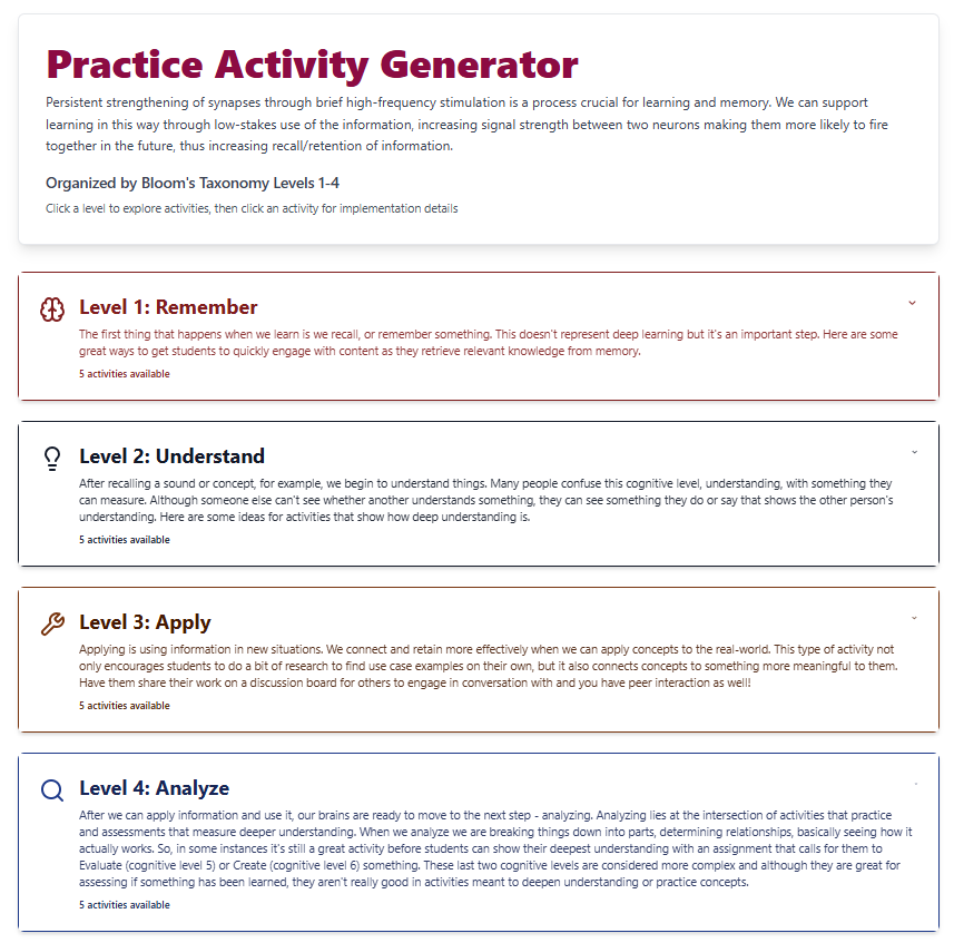 Screenshot of the Practice Activity Generator