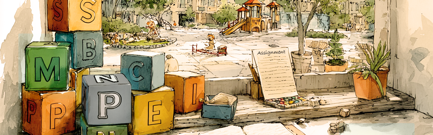 Looking out an office window onto a playground. A stack of blocks on the left, a journal in the center and a plant on the right.