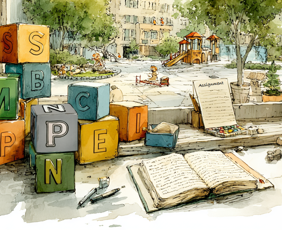 View from office out window onto playground. A stack of alphabet blocks on the left with a notebook in the middle and a coffee cup on the right. 