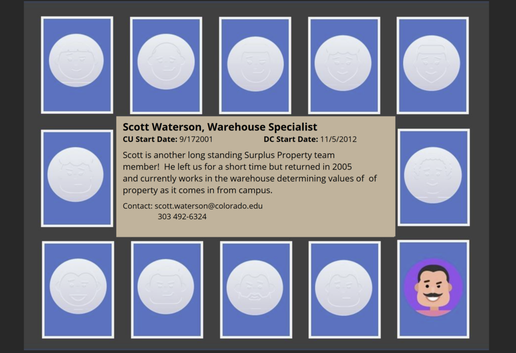 Fifteen blur tiles with placeholder for image on them. When selected a description shows up in the middle. 