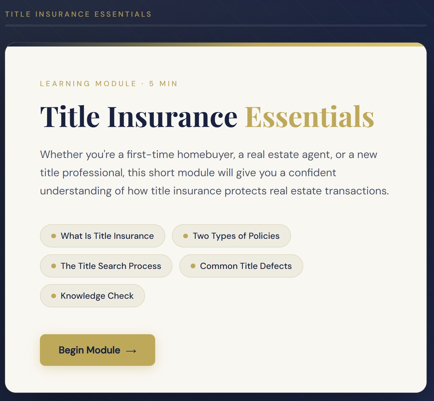Image of opening page of Title Insurance Essentials module.