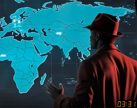 Detective looking at world map