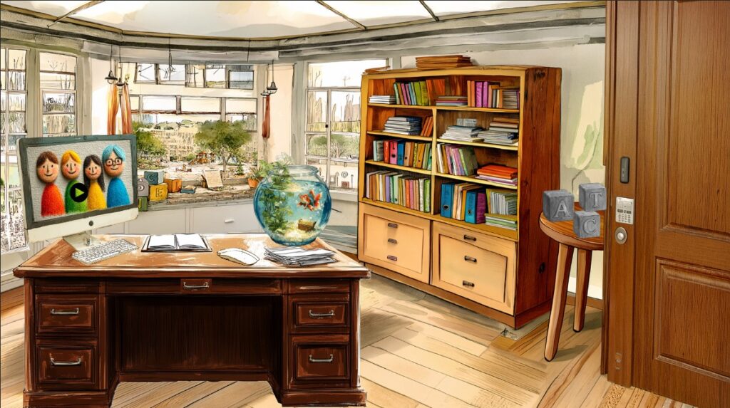 Counselors office with desk, monitor left and a fish tank right. A bookcase far right and door near side right.